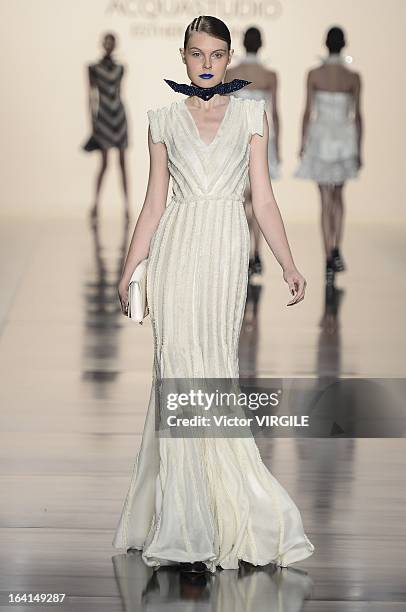 Model walks the runway during the Acquastudio show by Esther Bauman during Sao Paulo Fashion Week Spring Summer 2013/2014 on March 19, 2013 in S?o...