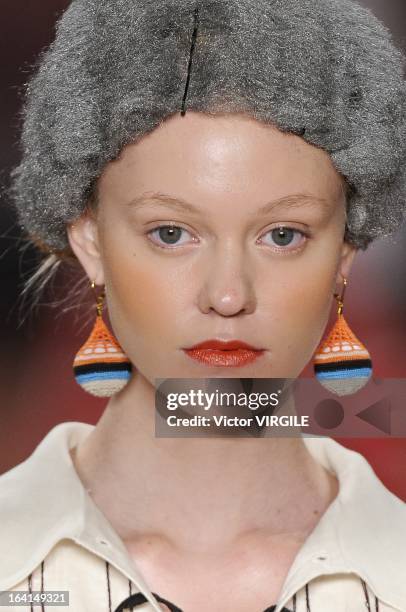 Model walks the runway during Ronaldo Fraga show as part of Sao Paulo Fashion Week Spring Summer 2013/2014 on March 19, 2013 in Sao Paulo, Brazil.