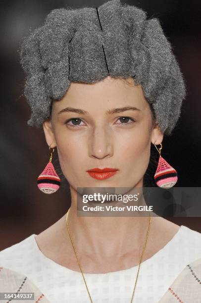 Model walks the runway during Ronaldo Fraga show as part of Sao Paulo Fashion Week Spring Summer 2013/2014 on March 19, 2013 in Sao Paulo, Brazil.