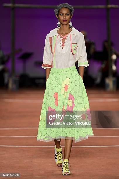 Model walks the runway during Ronaldo Fraga show as part of Sao Paulo Fashion Week Spring Summer 2013/2014 on March 19, 2013 in Sao Paulo, Brazil.