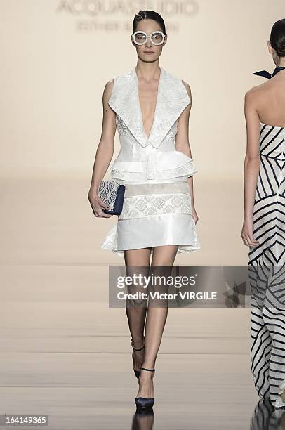 Model walks the runway during the Acquastudio show by Esther Bauman during Sao Paulo Fashion Week Spring Summer 2013/2014 on March 19, 2013 in S?o...