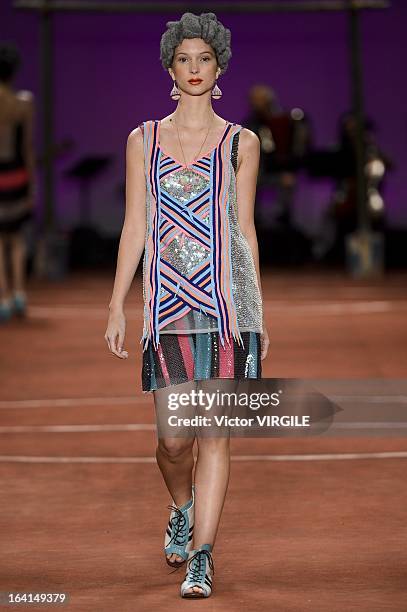 Model walks the runway during Ronaldo Fraga show as part of Sao Paulo Fashion Week Spring Summer 2013/2014 on March 19, 2013 in Sao Paulo, Brazil.