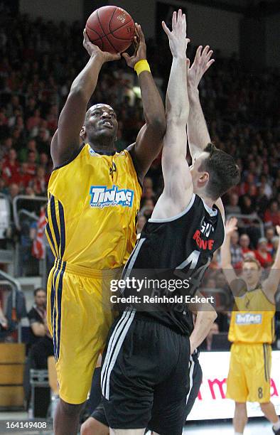 Ali Traore, #24 of Alba Berlin competes with Andrew James Ogilvy, #44 of Brose Baskets Bamberg during the 2012-2013 Turkish Airlines Euroleague Top...