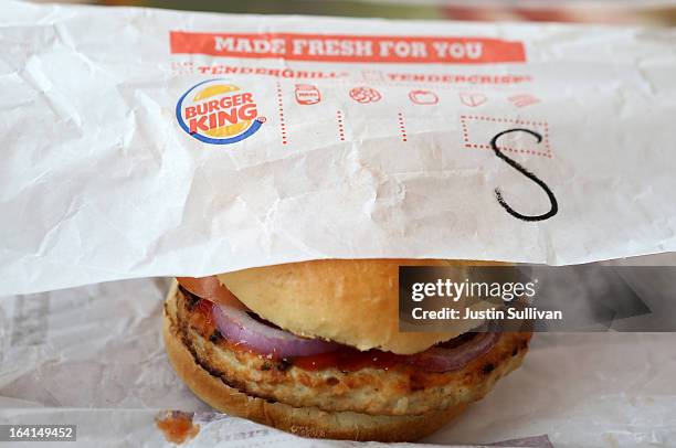 In this photo illustration, the new Burger King turkey burger is displayed at a Burger King restaurant on March 20, 2013 in Oakland, California....