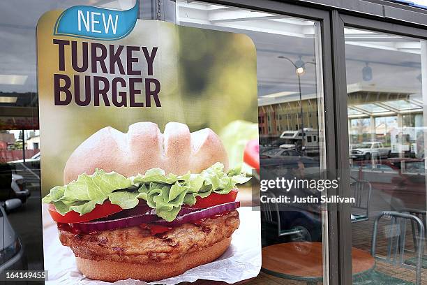 Sign advertising the new Burger King turkey burger is displayed at a Burger King restaurant on March 20, 2013 in Oakland, California. Burger King...