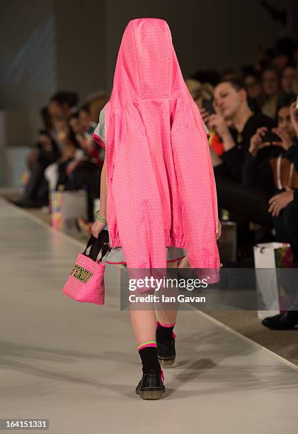 Model wearing Fendi Spring/Summer '13 walks the runway at the Global Kids Fashion Week SS13 public show in aid of Kids Company at The Freemason's...