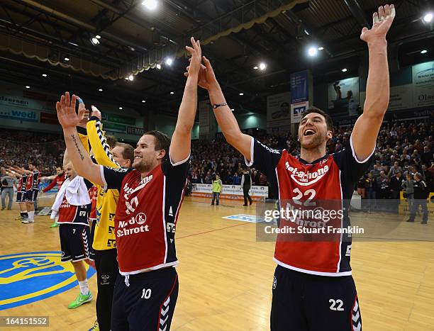 Thomas Morgensen and Olafur Gustafsson of Flensburg celebrate at the end of the Toyota Bundesliga handball game between SG Flensburg-Handewitt and...