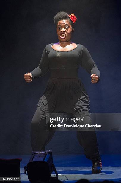 Claudia Tagbo performs on stage during The 29th International Festival Mont-Blanc D'Humour on March 20, 2013 in Saint-Gervais-les-Bains, France.