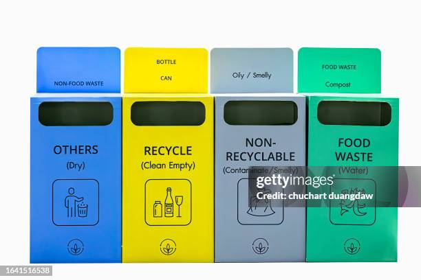 recycling bins with symbols indicating the type of waste - color coded stock pictures, royalty-free photos & images