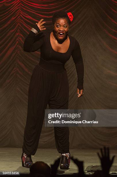 Claudia Tagbo performs on stage during The 29th International Festival Mont-Blanc D'Humour on March 20, 2013 in Saint-Gervais-les-Bains, France.