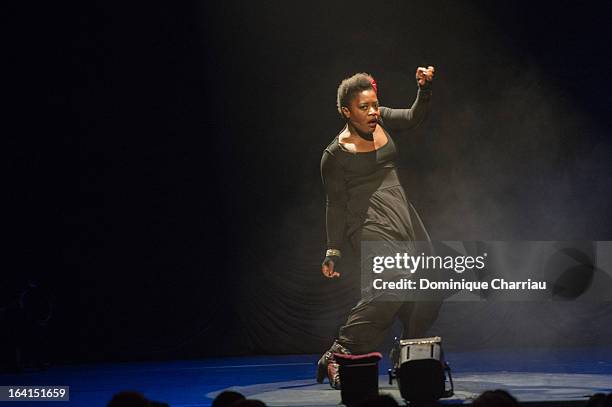 Claudia Tagbo performs on stage during The 29th International Festival Mont-Blanc D'Humour on March 20, 2013 in Saint-Gervais-les-Bains, France.