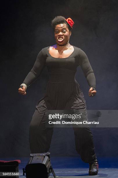Claudia Tagbo performs on stage during The 29th International Festival Mont-Blanc D'Humour on March 20, 2013 in Saint-Gervais-les-Bains, France.
