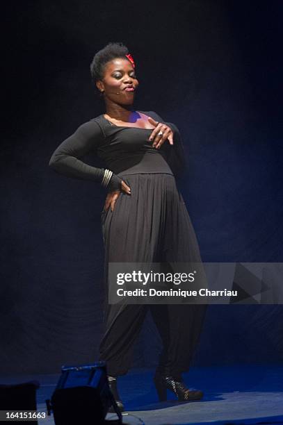 Claudia Tagbo performs on stage during The 29th International Festival Mont-Blanc D'Humour on March 20, 2013 in Saint-Gervais-les-Bains, France.