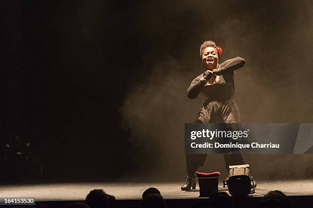 Claudia Tagbo performs on stage during The 29th International Festival Mont-Blanc D'Humour on March 20, 2013 in Saint-Gervais-les-Bains, France.