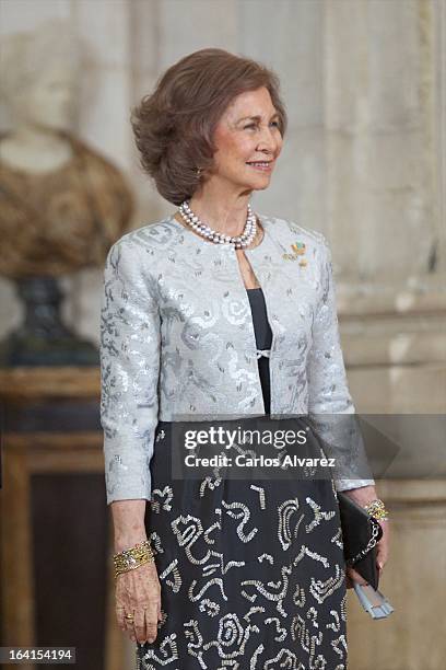 Queen Sofia of Spain receives International Olympic Committee Evaluation Commission Team for a dinner at the Royal Palace on March 20, 2013 in...