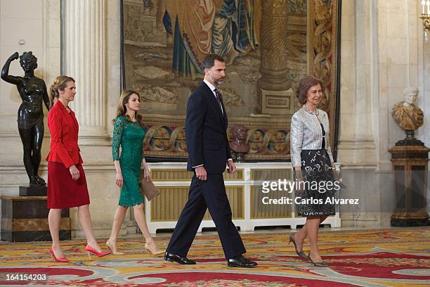 Spanish Royals Princess Elena, Princess Letizia, Prince Felipe and Queen Sofia receive International Olympic Committee Evaluation Commission Team for...