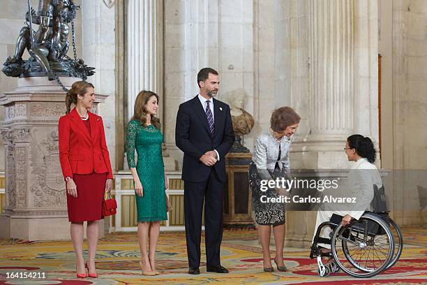 Spanish Royals Princess Elena, Princess Letizia, Prince Felipe and Queen Sofia receive International Olympic Committee Evaluation Commission Team for...