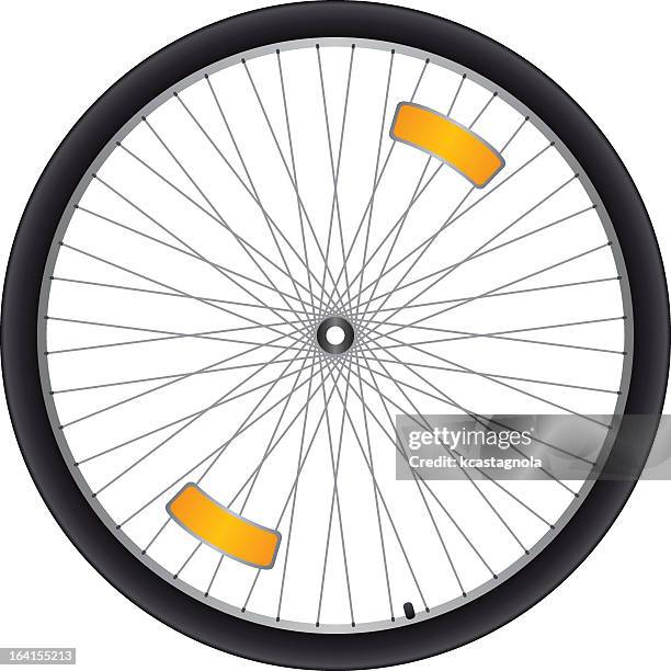 stockillustraties, clipart, cartoons en iconen met black bicycle wheel with silver spokes and orange reflectors - reflector