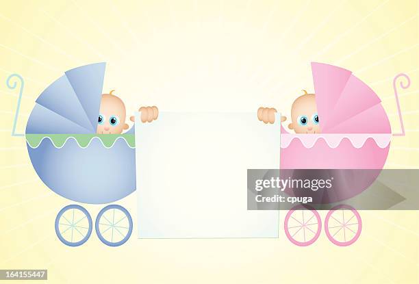 twins holding sign - twins stroller stock illustrations