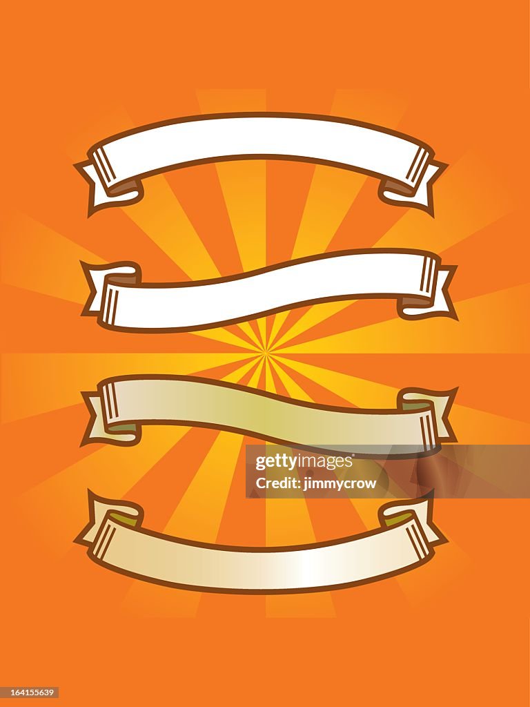 Four banners on a sun beaming orange background