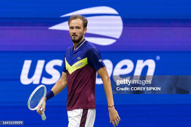 Russia's Daniil Medvedev walks to the baseline during the US Open tennis tournament men's singles third round match against Argentina's Sebastian...