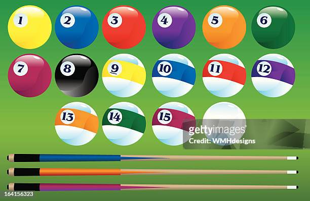 pool balls and cues - cue ball stock illustrations
