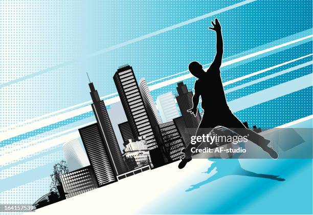 ilustrações, clipart, desenhos animados e ícones de homem pulando sobre o fundo da cidade. - vista inclinada