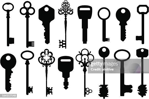 stockillustraties, clipart, cartoons en iconen met mixed keys silhouettes - sleutel beveiligingsapparatuur