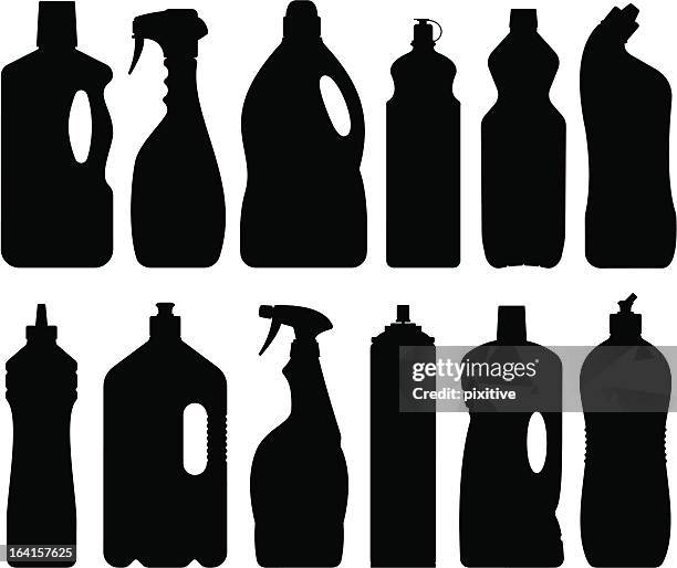 ilustraciones, imágenes clip art, dibujos animados e iconos de stock de botellas de detergente siluetas - producto de limpieza