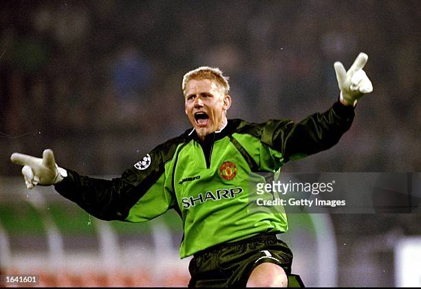 Manchester United keeper Peter Schmeichel celebrates a goal in the UEFA Champions League semi-final second leg match against Juventus at the Stadio...