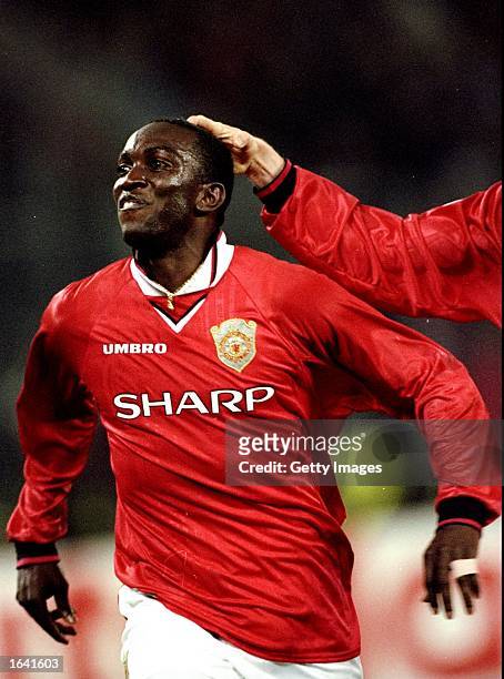 Dwight Yorke of Manchester United celebrates his goal against Juventus in the UEFA Champions League semi-final second leg match at the Stadio delle...