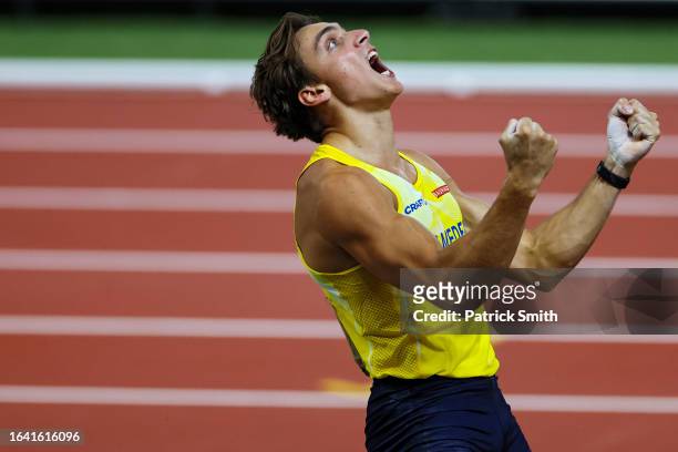 Armand Duplantis of Team Sweden celebrates winning the Men's Pole Vault Final during day eight of the World Athletics Championships Budapest 2023 at...