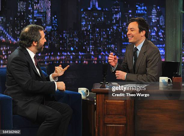 Judd Apatow visits "Late Night With Jimmy Fallon" at Rockefeller Center on March 20, 2013 in New York City.