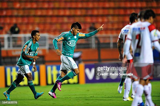 Leandro Amaro of Palmeiras celebrates a goal during the match between Palmeiras and Botafogo as part of the Paulista Championship 2013 at Pacaembu...