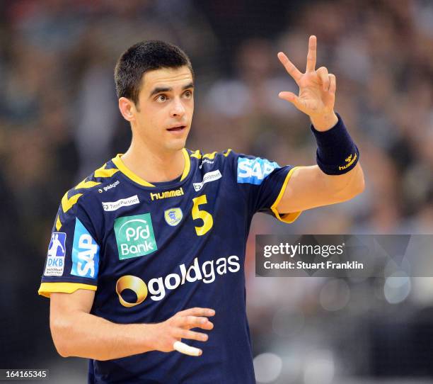 Zarko Sesum of Rhein-Neckar in action during the Toyota Bundesliga handball game between SG Flensburg-Handewitt and Rhein-Neckar Loewen at the Flens...