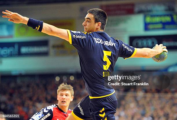 Zarko Sesum of Rhein-Neckar in action during the Toyota Bundesliga handball game between SG Flensburg-Handewitt and Rhein-Neckar Loewen at the Flens...