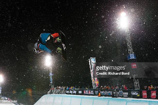 Luke Mitrani of the USA performs as he qualifies fifth during the Men's Snowboard Superpipe elimination during day three of Winter X Games Europe...