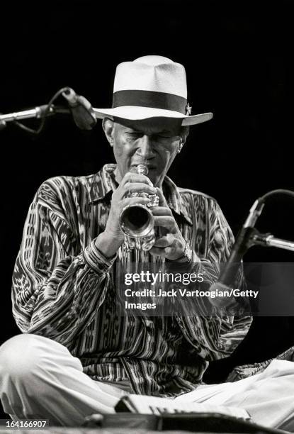 American jazz musician Don Cherry plays a pocket trumpet at a World Music Institute 'Improvisations' concert at Symphony Space, New York, New York,...