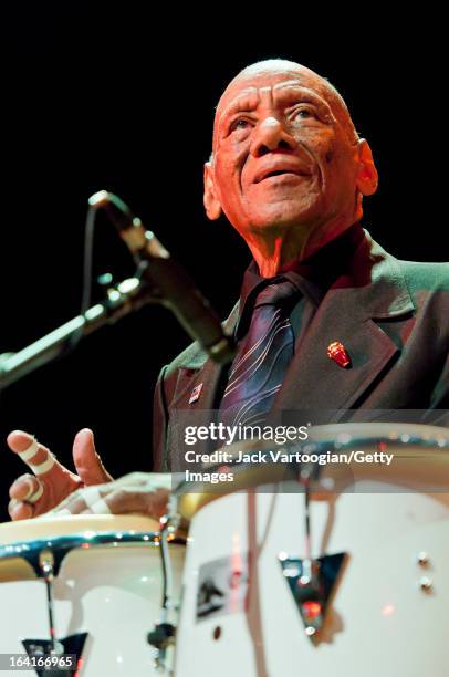 Cuban Latin percussionist Candido Camero performs with The Conga Kings during a World Music Institute concert at the Skirball Center, New York...