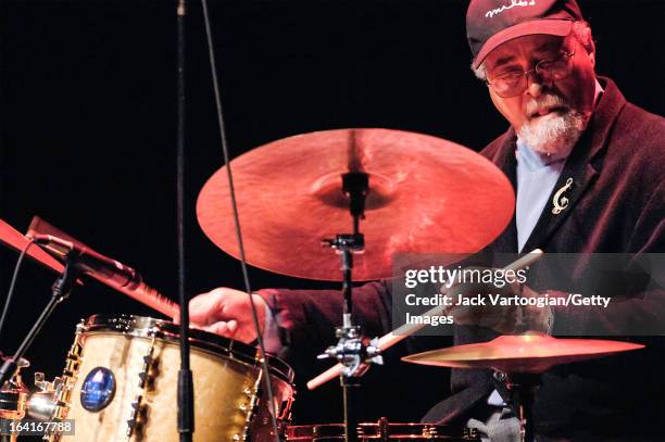 American jazz musician Jimmy Cobb plays drums as he leads his band, Cobb's Mob, during a performance at the Jack Kleinsinger's Highlights in Jazz...