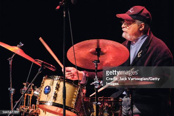 American jazz musician Jimmy Cobb plays drums as he leads his band, Cobb's Mob, during a performance at the Jack Kleinsinger's Highlights in Jazz...