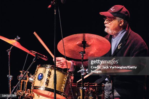 American jazz musician Jimmy Cobb plays drums as he leads his band, Cobb's Mob, during a performance at the Jack Kleinsinger's Highlights in Jazz...