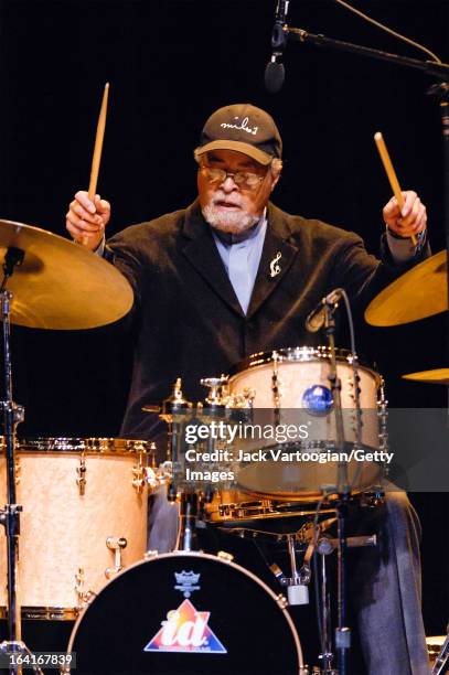 American jazz musician Jimmy Cobb plays drums as he leads his band, Cobb's Mob, during a performance at the Jack Kleinsinger's Highlights in Jazz...