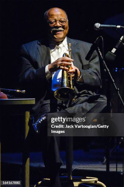 American jazz musician Clark Terry plays trumpet and flluegelhorn during a performance at the Jack Kleinsinger's Highlights in Jazz 'Salute to Jimmy...