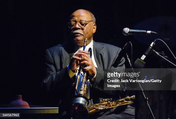 American jazz musician Clark Terry plays trumpet and flluegelhorn during a performance at the Jack Kleinsinger's Highlights in Jazz 'Salute to Jimmy...