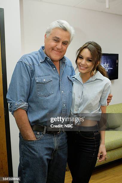 Episode 4428 -- Pictured: Host Jay Leno and actress Vanessa Hudgens backstage on March 20, 2013 --