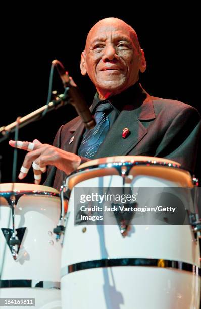 Cuban Latin percussionist Candido Camero performs with The Conga Kings during a World Music Institute concert at the Skirball Center, New York...