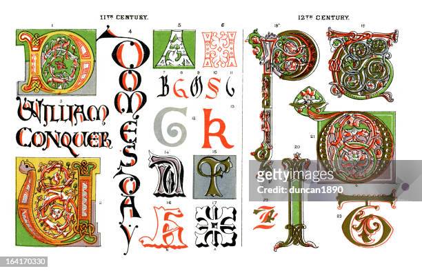 medieval illuminated letters - medieval illuminated letter stock illustrations