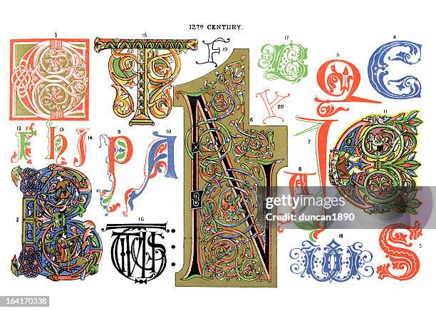 medieval illuminated letters - lettre t stock illustrations