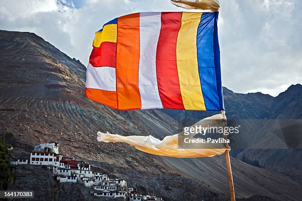 buddhist flags and diskit gompa in india asia - ladakh bildbanksfoton och bilder